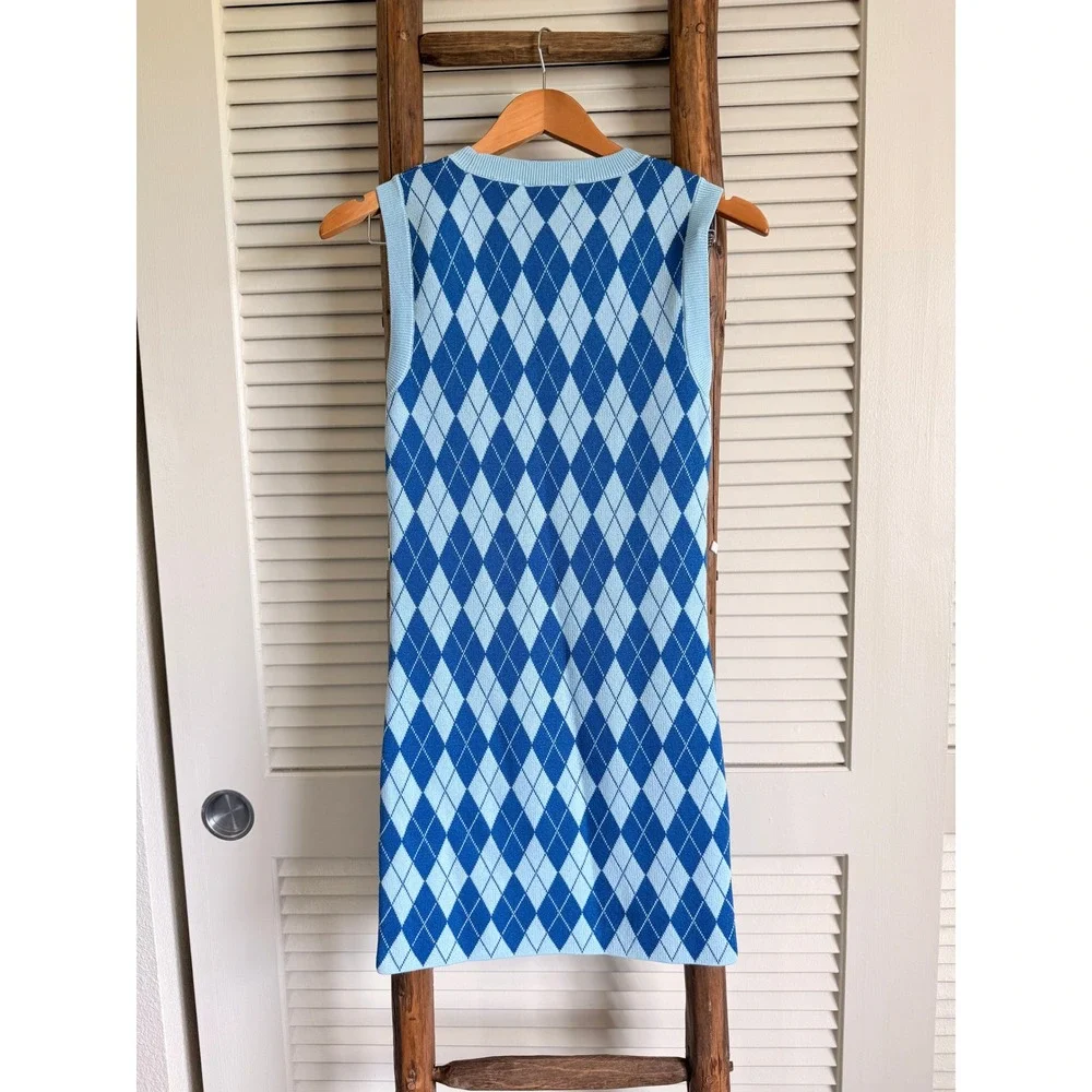 Zara Womens Blue Argyle Knit Sleeveless Mini‎ Dress Size Small Preppy Crew Neck